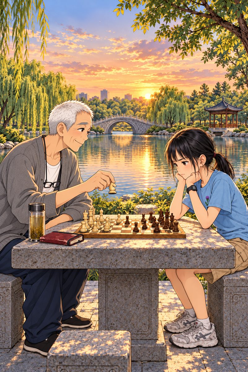Late summer evening in the park. Grandpa Chen and Xiaoyu PLAY CHESS AGAINST EACH OTHER, sitting OPPOSITE each other across one square stone chess table under a willow, seen from the side: Grandpa on the left, his body and face turned fully to the RIGHT towards her; Xiaoyu on the right, her body and face turned fully to the LEFT towards him; the board between them. Seated, her head is level with his shoulder (standing she reaches his chest). The man-made lake behind them glows with sunset; the lake on the right is the quiet area. The board is a Western 8 by 8 chessboard set square between them, each player's own pieces nearest them: Grandpa's cream (white) pieces on his half, Xiaoyu's dark brown (black) pieces on her half, mid-game with a few pieces moved forward, every piece standing ON a square, NOT Chinese chess. Grandpa, mid-move, holds one cream knight between two fingers by its base just above the board, and looks at Xiaoyu, NOT at us, with a sly, warm half smile. Xiaoyu leans forward over her side of the board, chin on her fists, eyes on the board, concentrating hard, brow knitted. A small worn notebook lies closed, cover up, by his tea glass (a tall clear drinking glass of pale green tea with a few leaves floating in it), NOT open. His reading glasses hang on the cord at his chest, NOT on his face. No other people; the other stone tables are empty. The top third is calm sky and willow for the title.