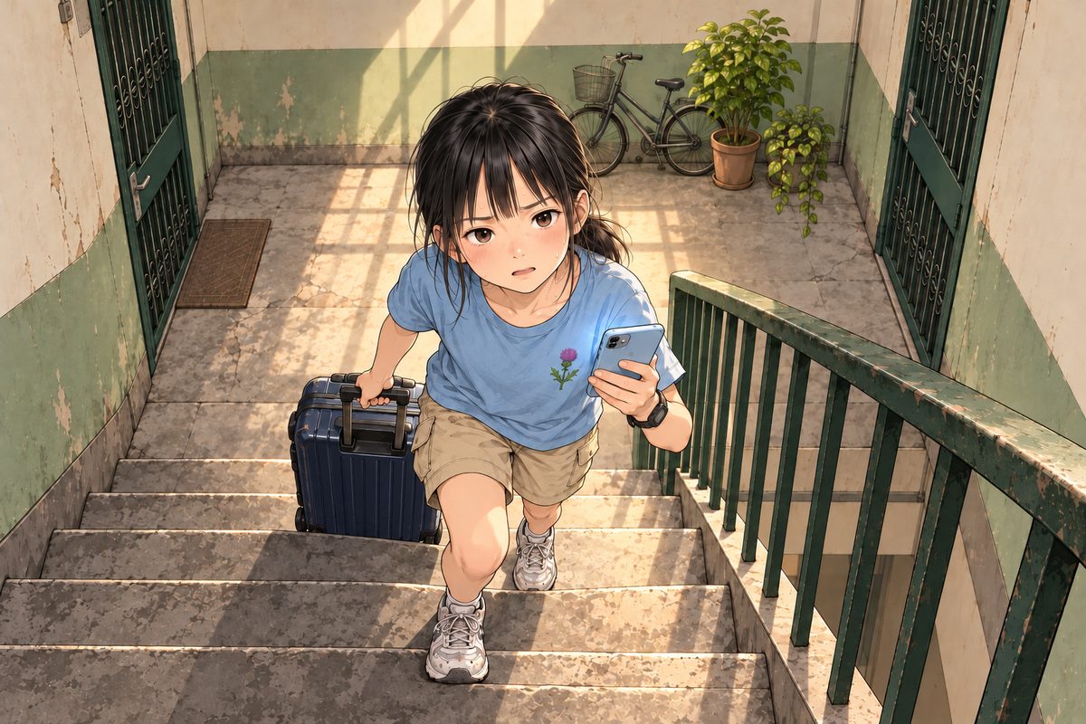 Summer afternoon. Xiaoyu, eleven, hauls a big dark navy hard-shell suitcase by its handle up the worn concrete stairs of an old block of flats, one step at a time; in her other hand her phone, its screen facing her, its glow on her chin. Sweat on her forehead; her face is hot and tired but determined, looking up the stairs. One bicycle and two pot plants on the landing below her. Light from the high window falls on her, the clearest thing in the panel. The plain stair wall is the quiet area. No other people, NOT neighbours on the stairs. Nothing written anywhere, the phone screen shows no writing.