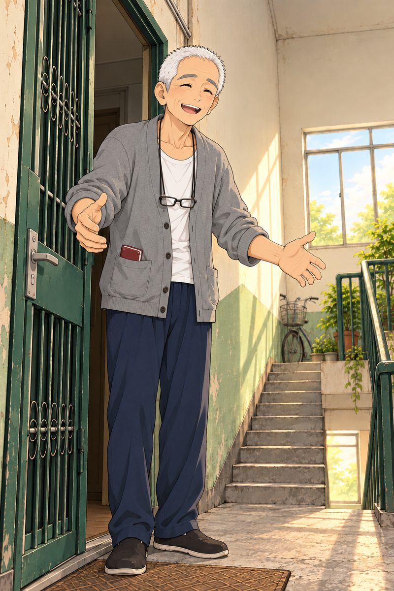Grandpa Chen opens his front door from inside, the metal security gate swung back, and stands in the doorway; we are outside on the landing, where Xiaoyu stands (off panel). Tall and thin, white crew cut, a grey cardigan over a white vest; his reading glasses hang on the cord at his chest, NOT on his face. His face lights up with pure joy, eyes bright, arms half opening as if to greet a child he knows well. Behind him a dim glimpse of the hallway is the quiet area. Only Grandpa, NOT Xiaoyu in this panel.