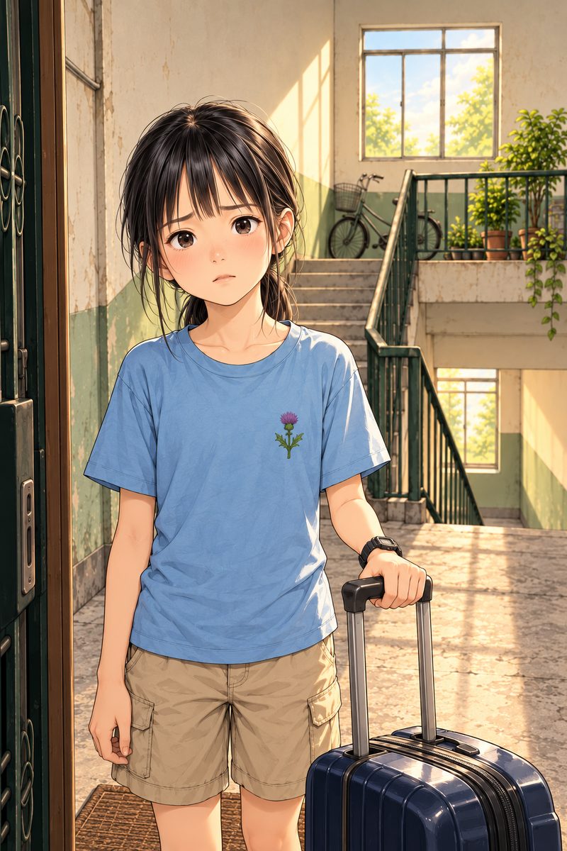 Xiaoyu stands on the doormat outside Grandpa's door, the handle of her dark navy hard-shell suitcase in her hand, frozen: her smile is half gone, her eyes uncertain and hurt. The stairs and the high window behind her are soft and quiet. Grandpa is off panel, NOT visible.