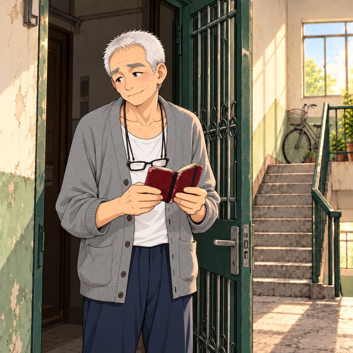 Still in the doorway. Grandpa blinks, takes the small worn notebook out of his RIGHT cardigan pocket and glances into it, holding it close to his chest so the page faces him: the page is turned away from us, NOT readable, we see only the worn cover. Then he looks up, a little embarrassed, a sheepish half smile. Glasses on the cord at his chest, NOT on his face. The dim hallway behind him is the quiet area.