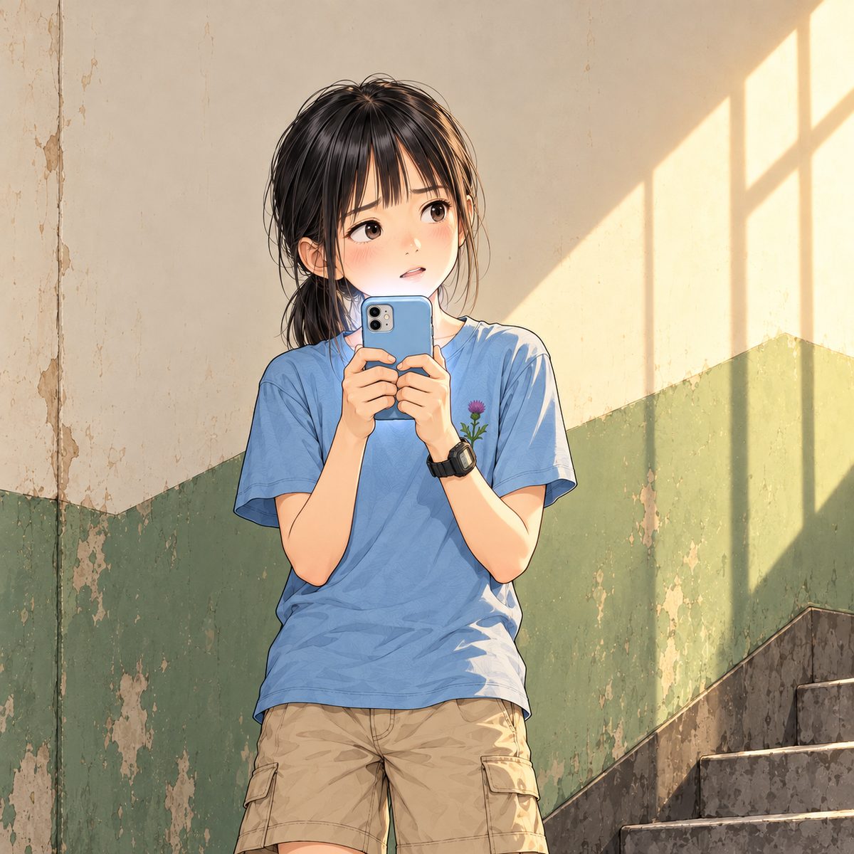 Xiaoyu on the landing holds her phone up in front of her in both hands; the screen faces her and we see its back, with its glow on her face. She reads a translation app off it, sounding out the words: cheeks pink, shy and trying hard, her eyes flicking up towards Grandpa off panel to the right. The stairwell wall behind her is plain and quiet.
