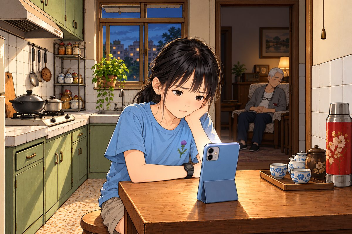 Evening. Xiaoyu sits at the small square kitchen table on a video call with her mother; the phone stands propped on the table facing her, its back to us, its glow on her face, so we do NOT see the screen (Mama is heard, not seen). Xiaoyu's face is worried and hurt, voice low, shoulders hunched. Through the doorway behind her, small in the dim living room, Grandpa dozes in his armchair by the radio, head tipped, peaceful, asleep. The dark doorway around him is the quiet area. Only these two, nobody else.