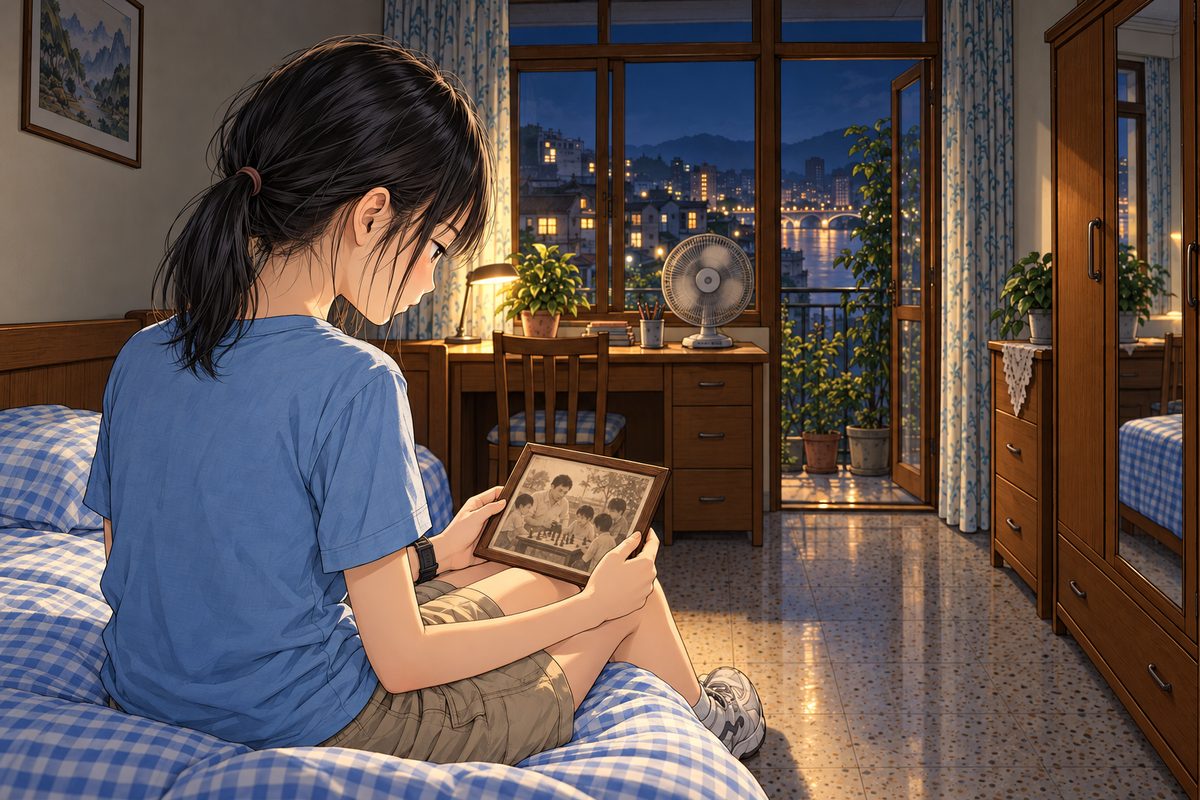 Night in the narrow spare room: the bed, the small desk, the fan turning, the window open onto the dark shared balcony and the city lights. One small lamp. Xiaoyu sits on the bed holding an old framed photo in both hands in her lap. THE PHOTO FACES HER: she looks down at its picture side, and because we look over her shoulder we see that same picture side too; the back of the frame faces away from us both. The photo is small, faded and sepia: a young Grandpa of about forty with thick black hair at a stone chess table with three or four children round him, drawn as soft grey shapes, NOT detailed faces. We see her face in profile, quiet and set, lips pressed, a decision forming. The dark wall beyond her is the quiet area.