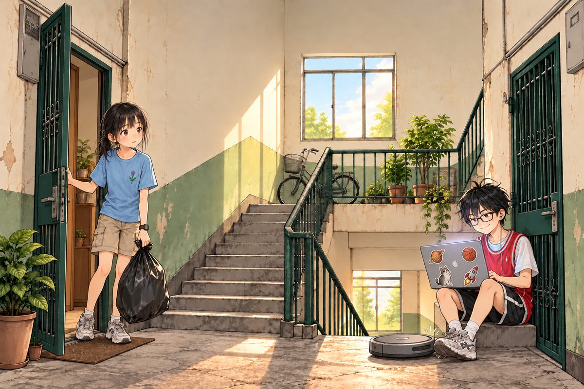 Morning. On the landing the two front doors face each other. Grandpa's door is on the LEFT and Haoran's family's door on the RIGHT, as on the stairwell plate. Haoran, twelve, sits on the top step on the right, in front of his own door, with his sticker-covered laptop open on his knees, the screen facing him, its glow on his face, one wired earbud in; he looks absorbed and smug. A round robot vacuum, a plain flat grey disc with a bumper and no face, no eyes, bumps against his trainer. Xiaoyu steps out of Grandpa's door on the left, a black bin bag held by its knotted top, wary and curious. Standing, she would be half a head shorter than him; here he sits. The high window and bare wall above are the quiet area. No other people.