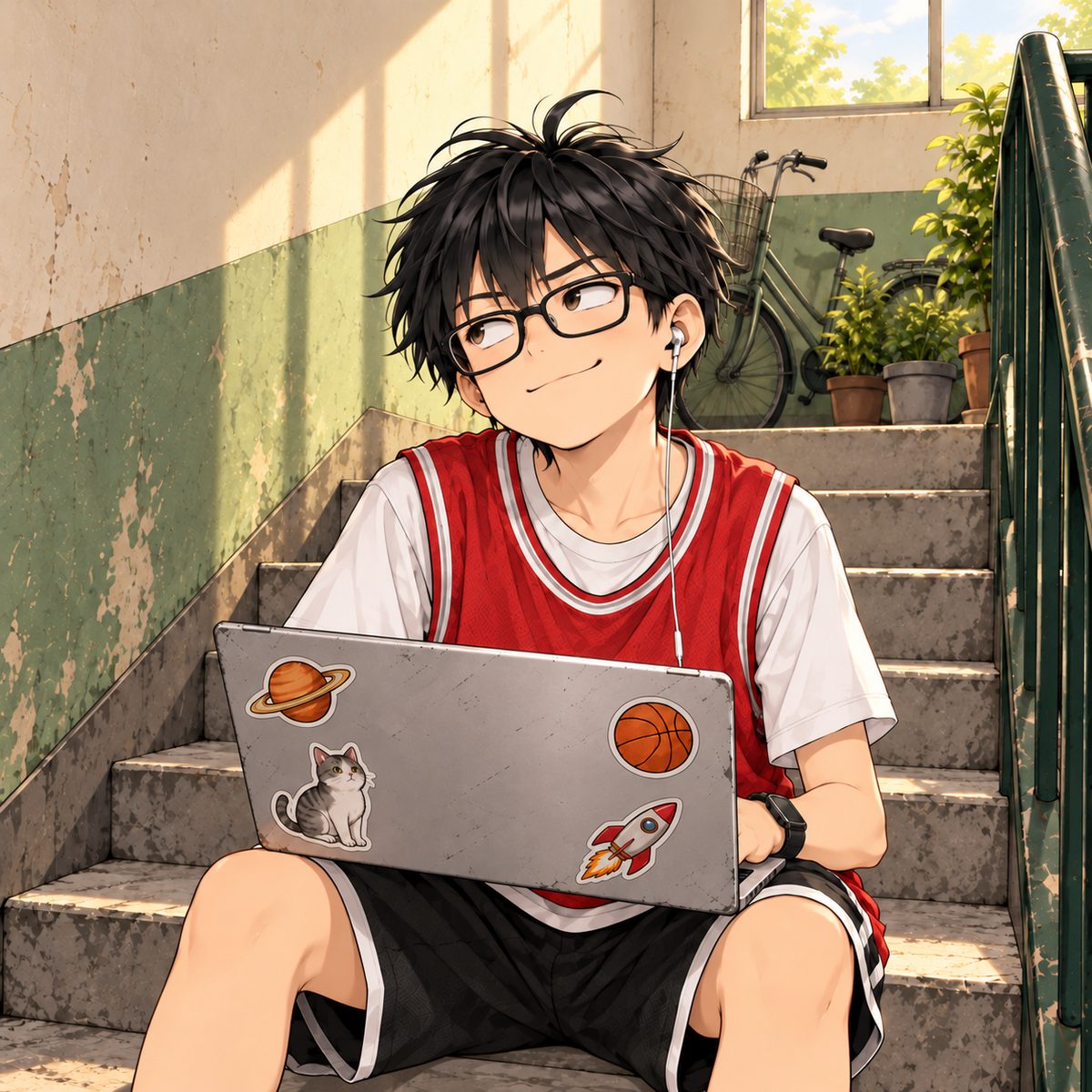 Haoran looks up from his open laptop (its screen facing him, the sticker-covered lid towards us) and looks Xiaoyu up and down with a know-it-all grin, one eyebrow raised; he looks up and to the LEFT of the picture, where she stands off panel. His face sits in the middle of the panel, NOT in the top quarter. Plain stair wall behind him, the top quarter plain wall.