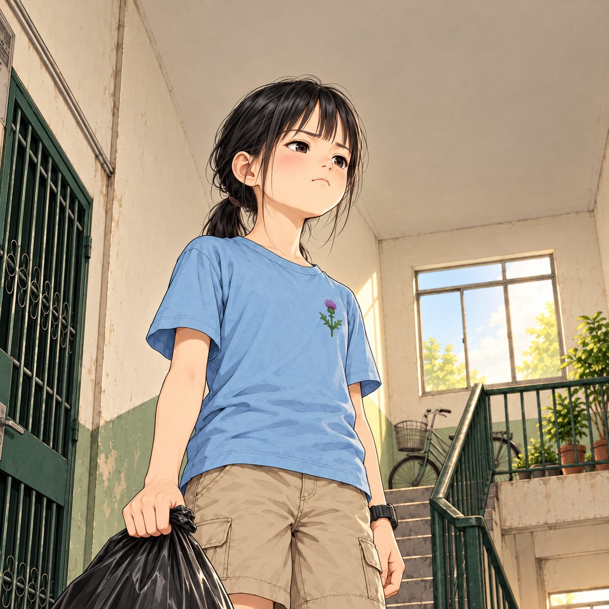 Xiaoyu lifts her chin, stung but proud: lips pressed, cheeks a little red, eyes steady on him, looking down and to the RIGHT of the picture, where he sits off panel. The black bin bag hangs from her hand. Her face sits in the middle of the panel, NOT in the top quarter. The landing ceiling behind her is plain and quiet, the top quarter plain.