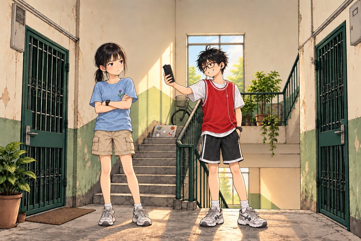Haoran has stood up; he is half a head taller than Xiaoyu. He holds up his own phone (a black case, NOT Xiaoyu's sky-blue one) towards her like a magician showing a card, its screen facing her and its back to us, grinning, showing off. His laptop lies closed on the top step behind him. Xiaoyu crosses her arms, sceptical, with a flicker of hurt. The wall between and above them is the quiet area. No other people.