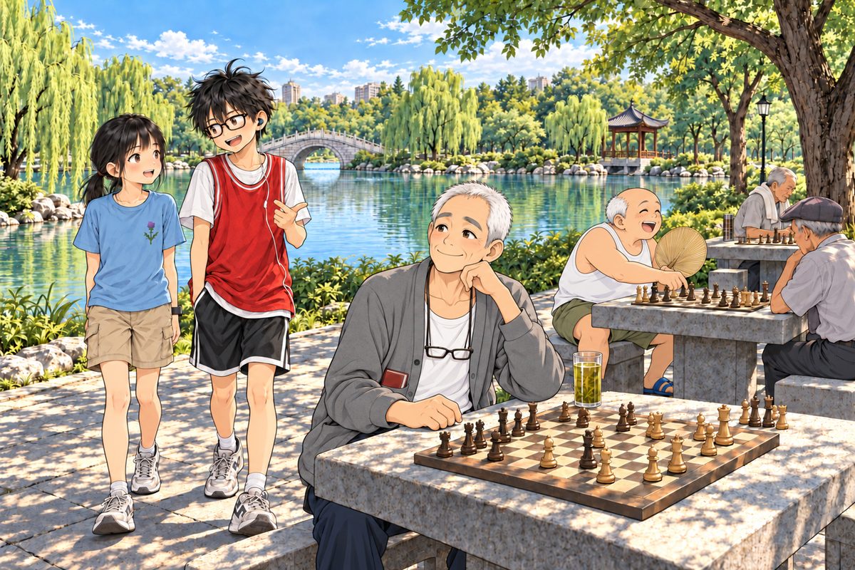 The park in summer: a calm lake with willows and a small arched stone bridge (the quiet area, upper right), and under the trees a short row of square stone chess tables. Grandpa sits at the near end table, centre right, the clearest figure, relaxed and content, a tea glass by his hand (a tall clear drinking glass of pale green tea with a few leaves floating in it). Xiaoyu and Haoran walk up the path behind him from the left, side by side; he is half a head taller than her. Uncle Wu, round and bald in a white vest, fan in hand, sits at the next table further back and slaps a piece down, playing old man 1 (thin, in a flat cap). At the far table old man 2 (grey hair, a towel on his shoulder) sits alone, small. No other people, NOT a crowd. Every board is a Western 8 by 8 board with Western pieces.