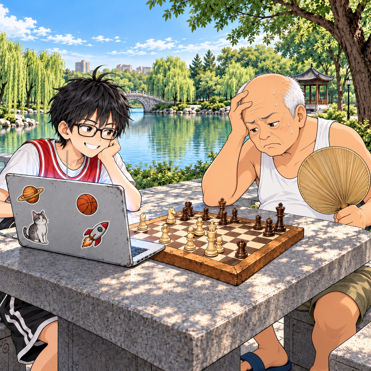 Haoran's sticker-covered laptop sits open on the stone table beside a real Western 8 by 8 chessboard, its screen facing Haoran, its back to us, its glow on his face; he grins, cocky. Opposite him Uncle Wu frowns at the board, beads of sweat on his bald head, losing badly; his black king stands cornered on its square, every piece standing ON a square. Seated, Uncle Wu's head is a little higher than Haoran's. The willow shade behind them is the quiet area. No one else at the table.