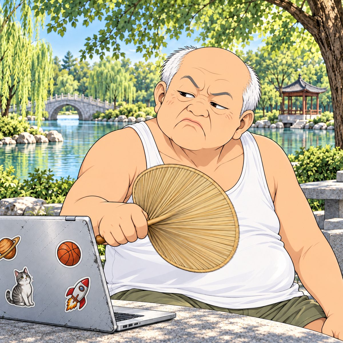 Uncle Wu flaps his straw-coloured palm-leaf fan, held by its handle, at the open silver laptop whose edge shows at the panel's bottom-LEFT corner (its screen facing away towards Haoran's seat, as in the panel before); he looks down to the left at it; his face sits in the middle of the panel, NOT in the top quarter; his face is scornful, lip curled, a loud 