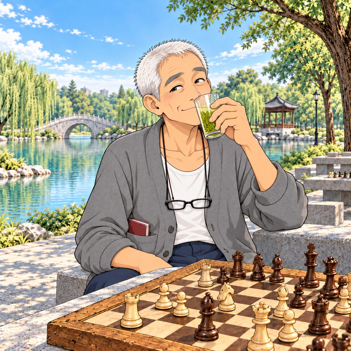 Grandpa sips tea from a tall clear drinking glass of pale green tea with a few leaves floating in it, held in his big hand, eyes twinkling, amused and knowing. The edge of his Western chessboard shows in the foreground, pieces standing on squares. Glasses on the cord at his chest, NOT on his face. Willows and lake behind him are soft and quiet.