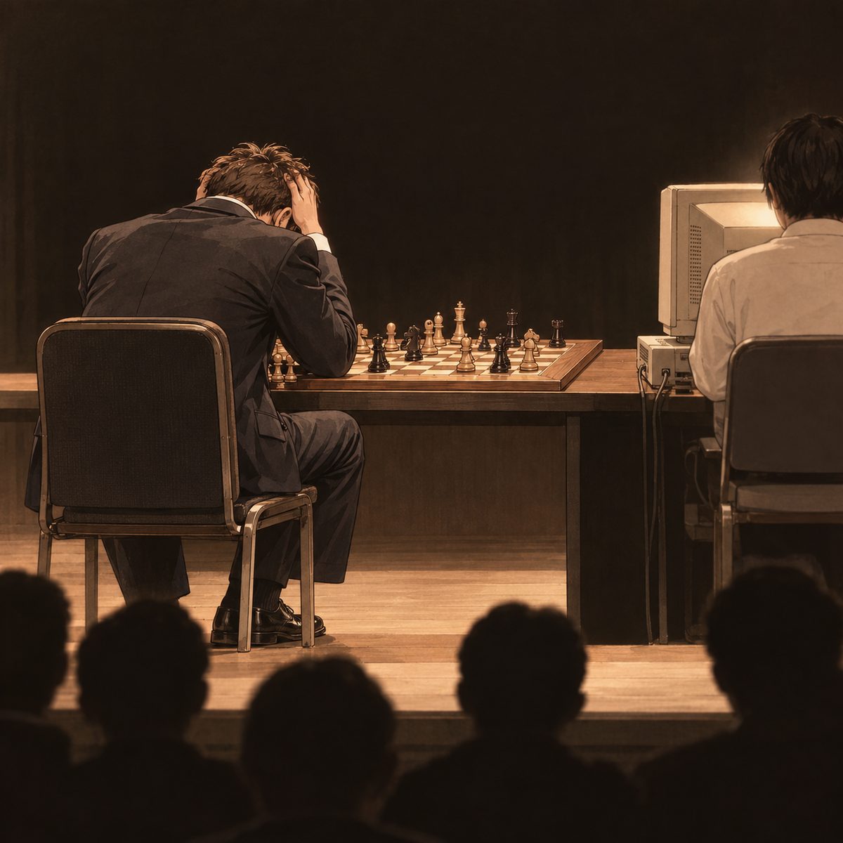 Flashback, 1997, soft edges, the colours faded to warm sepia like an old photograph, so it reads as a memory. Seen only from behind, a man in a dark suit sits at a Western 8 by 8 chessboard on a stage, head in his hands; his face is NOT visible. Across the board an operator sits at a computer terminal, the terminal screen facing the operator, its glow only. Five or six audience heads as dark silhouettes in the dark, no faces. The dark stage above is the quiet area. No writing on banners or screens.