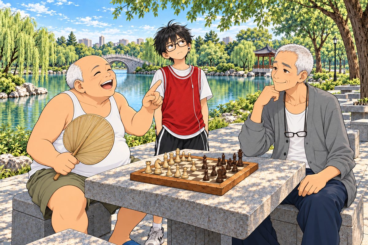 Uncle Wu (left, round, about Grandpa's shoulder height if they stood) laughs and wags a finger at Grandpa; Haoran stands behind between them and rolls his eyes; Grandpa (right) smiles calmly, amused. Everyone is warm and easy. A Western chessboard on the table, pieces on squares. Haoran's laptop is out of frame. The willow shade above is the quiet area. No other people.