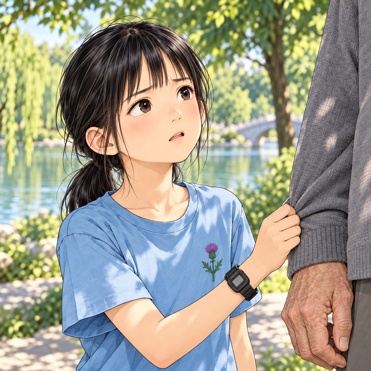 Xiaoyu tugs Grandpa's mid-grey cardigan sleeve (only his sleeve and big hand at the panel's RIGHT edge, his face out of frame; she looks right towards him), her face in the middle of the panel, NOT in the top quarter, struggling to find the Chinese: brow knitted, lips half open, earnest and a little embarrassed. Plain leafy shade behind her.