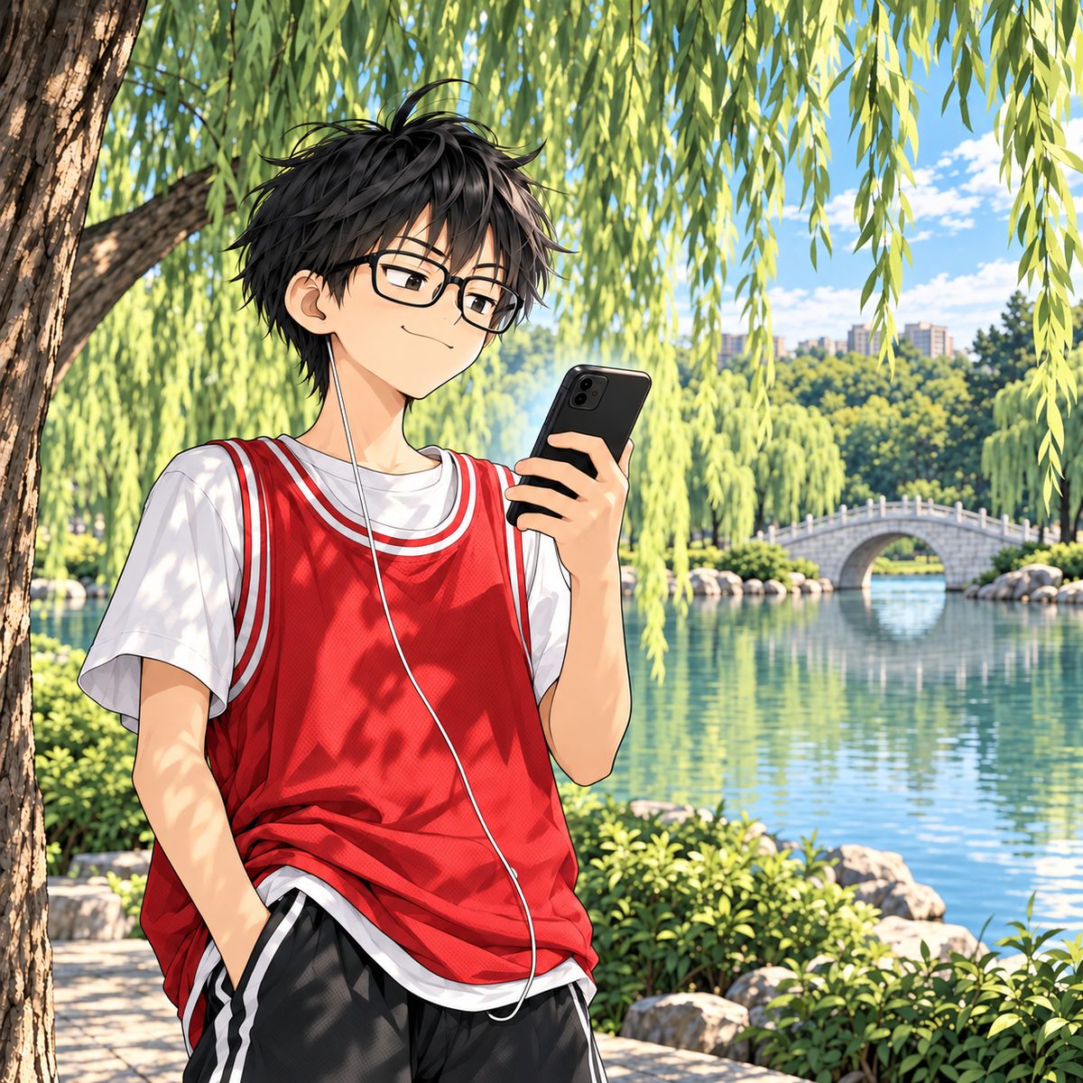 Haoran answers first, scrolling his own phone (a black case), its screen facing him and its glow on his face, showing off, chin up, pleased with himself. Plain willow shade behind him.