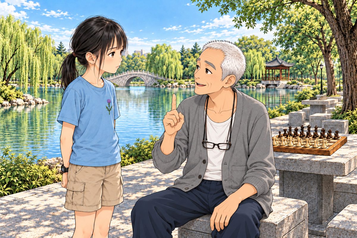Grandpa turns fully to Xiaoyu and speaks slowly, so she can follow, one finger raised straight up, NOT pointing at anything; his face patient, warm, teacherly. Xiaoyu stands beside him, her head a little above his while he sits, concentrating hard on every word. The Western chessboard on the table behind them. The lake behind is the quiet area. No one else.