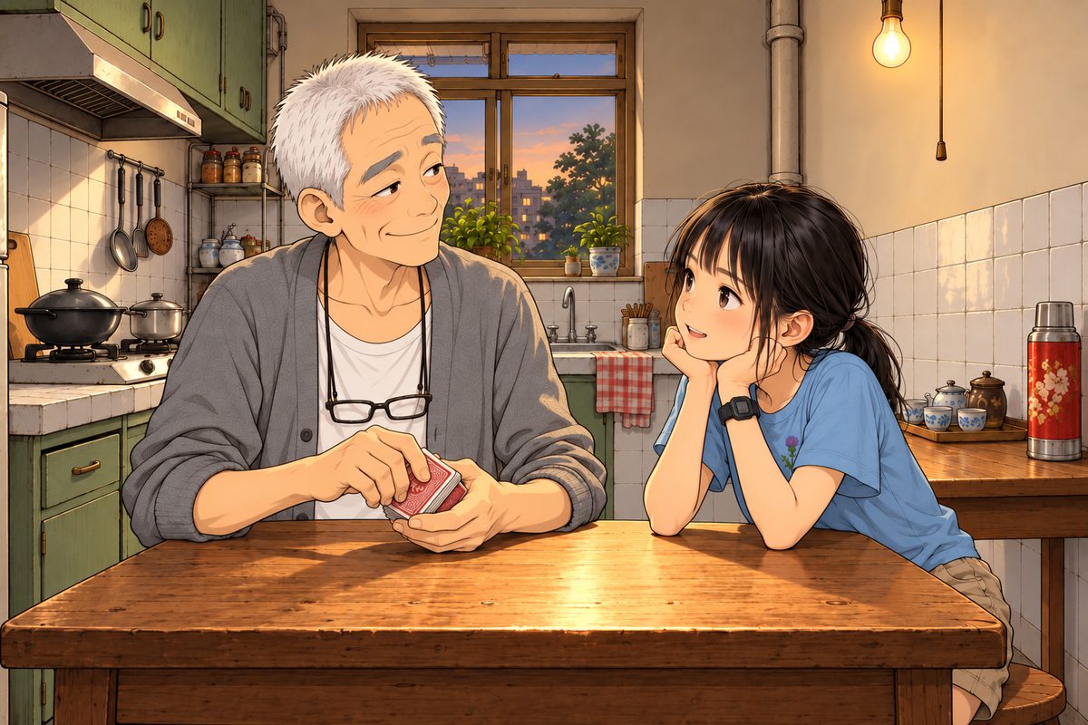 Evening in the tiny kitchen. Grandpa (left) shuffles a worn deck of cards (plain red backs with a thin white border) with quick, practised hands, the deck kept as one neat stack, NOT scattered; his face is playful, with a sly pride. Xiaoyu (right) sits opposite him across the table, facing him, leaning in, curious; seated, her head reaches his shoulder. Glasses on the cord at his chest, NOT on his face. The lamp light pools on the table; the wall above is the quiet area. Only these two.