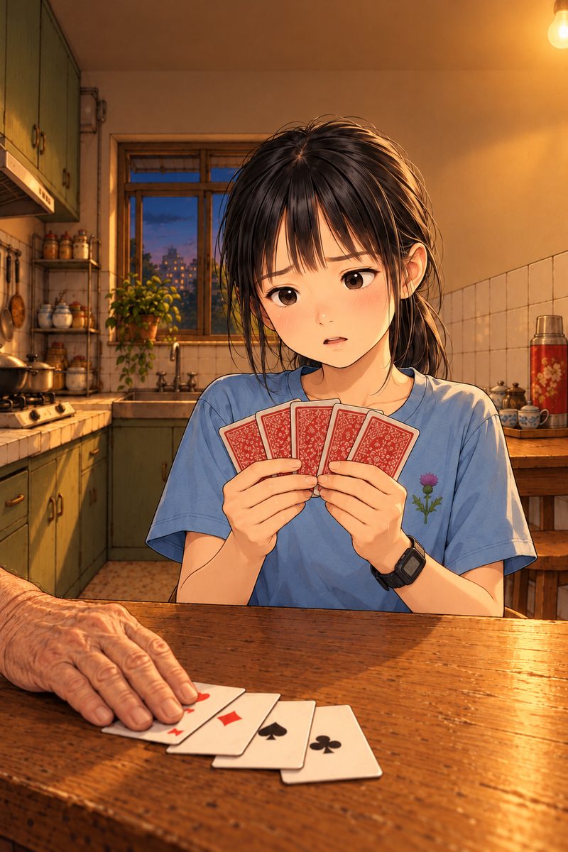 Evening (the same time as the panel before). Round one. Xiaoyu holds five cards in a hand fan, card faces towards her and the red backs to us; over the fan her face is lost and confused, in the middle of the panel, NOT in the top quarter. Grandpa's big hand (only his hand, coming in from the LEFT edge, where he sits) sweeps a trick of four cards towards himself across the table. Card faces show soft shapes only, no numbers or letters. Plain dim kitchen behind.