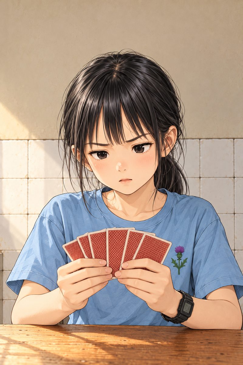 Evening (the same time as the panel before). Round two. Xiaoyu frowns over her hand fan of cards (red backs to us), her face in the middle of the panel, NOT in the top quarter, concentrating, lips moving as she works it out, eyes narrowed. Plain dim wall behind her.