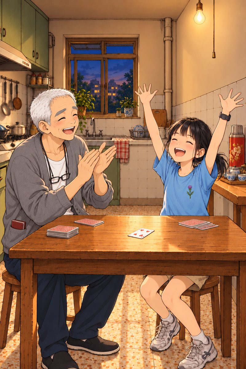 Evening (the same time as the panel before). Round three. Xiaoyu's last card lies flat on the table where she slapped it down; both her arms are thrown up, empty-handed, her face triumphant, a huge grin. Grandpa laughs out loud and claps, delighted. The lamp above, the wall behind them quiet.
