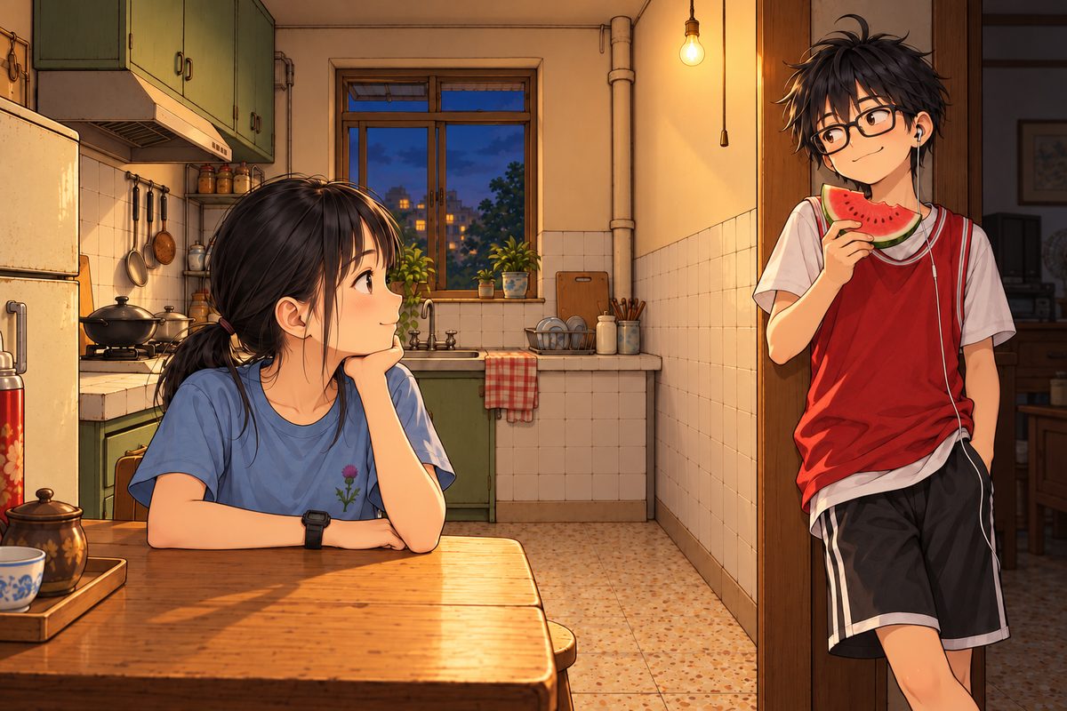 Evening (the same time as the panel before). Haoran leans in the kitchen doorway on the RIGHT of the picture holding a slice of watermelon by its rind, impressed despite himself: eyebrows up, a grudging half smile. Xiaoyu at the table in the left foreground turns to the right to look at him, her face in profile, proud and a little smug. Grandpa is out of frame. The dim living room behind Haoran is the quiet area.
