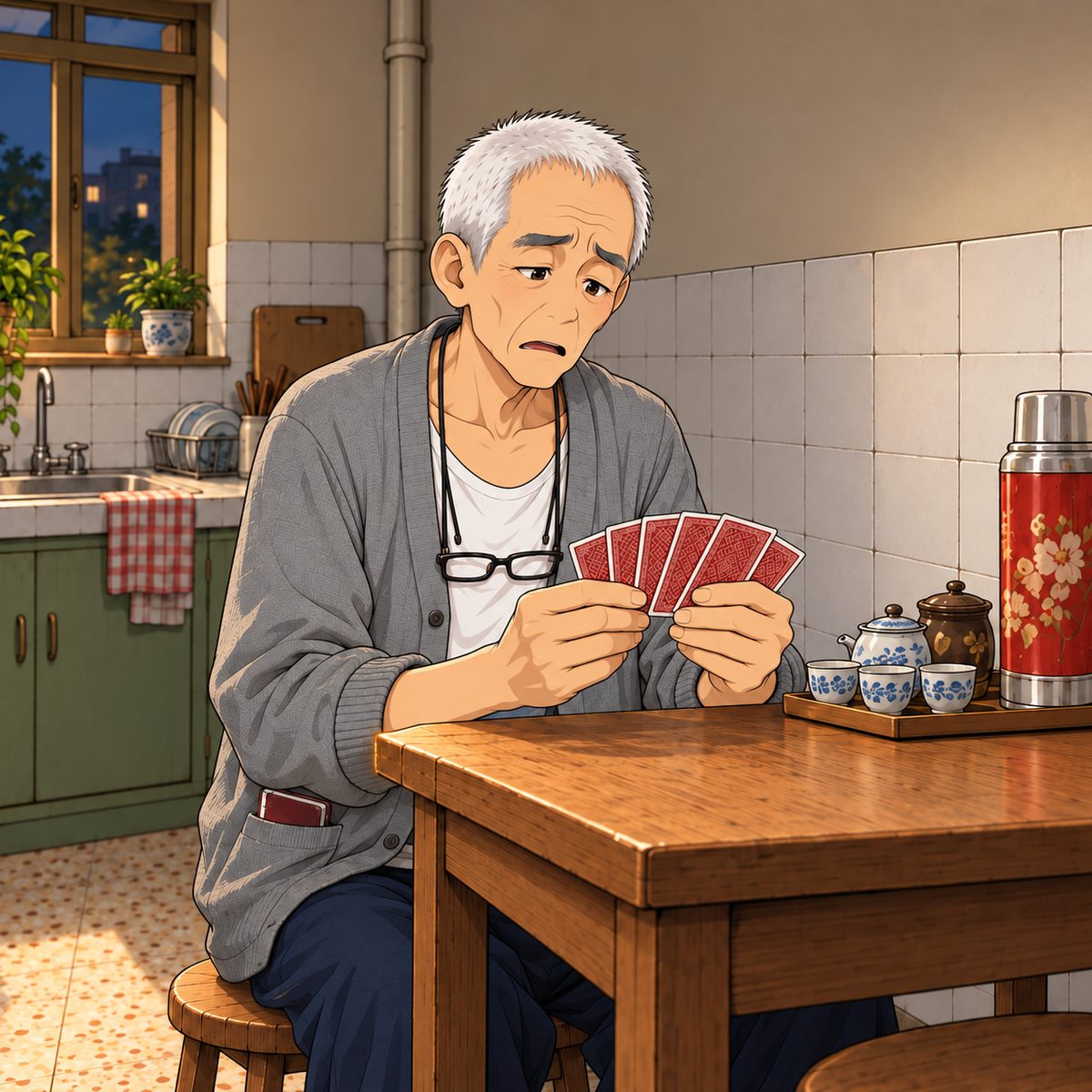 The next evening, the same small kitchen table. Grandpa holds his cards in a hand fan, card faces towards him and the red backs to us, and looks at them puzzled and a little lost: brow creased, mouth slightly open. Glasses on the cord at his chest, NOT on his face. Dim plain wall behind him.