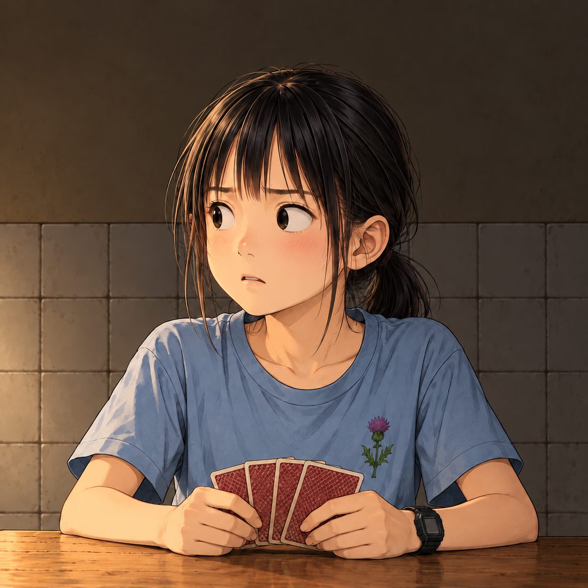Evening (the same time as the panel before). Xiaoyu goes still, her own cards lowered to the table, eyes wide on Grandpa, who is off panel to the LEFT: shock and fear she is trying to hide. Her face in the middle of the panel, NOT in the top quarter. Plain dark wall behind.