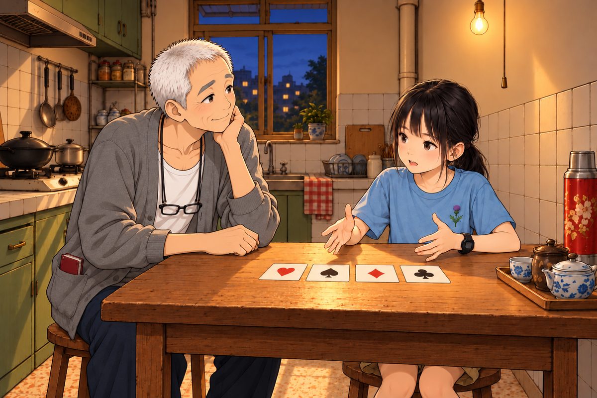Evening (the same time as the panel before). Xiaoyu explains the rules with her hands and broken words, laying exactly four cards face up in a row on the table, fully clear of both their hands; her face is earnest and patient. Grandpa listens, nodding like a pupil, humble and attentive. Card faces show soft shapes only, no numbers or letters. The lamp light on the row of cards makes them the clearest thing.