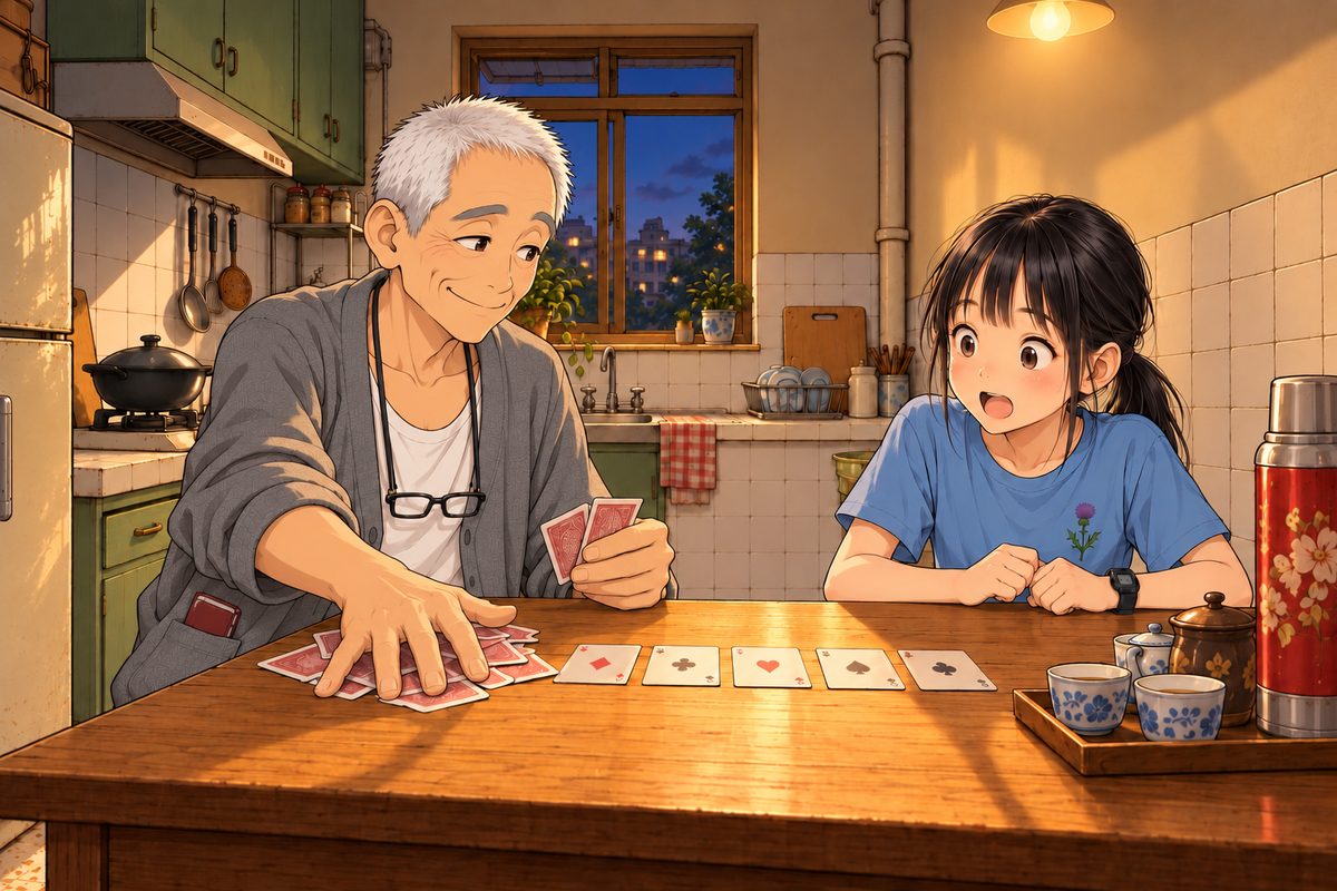 Evening (the same time as the panel before). A few minutes later. Grandpa (left), having just laid his last card on the row, sweeps all the cards on the table towards himself with one big hand, with a sly grin. Xiaoyu (right) gapes, astonished, then half laughing. Card faces soft shapes only. The wall above them is the quiet area.