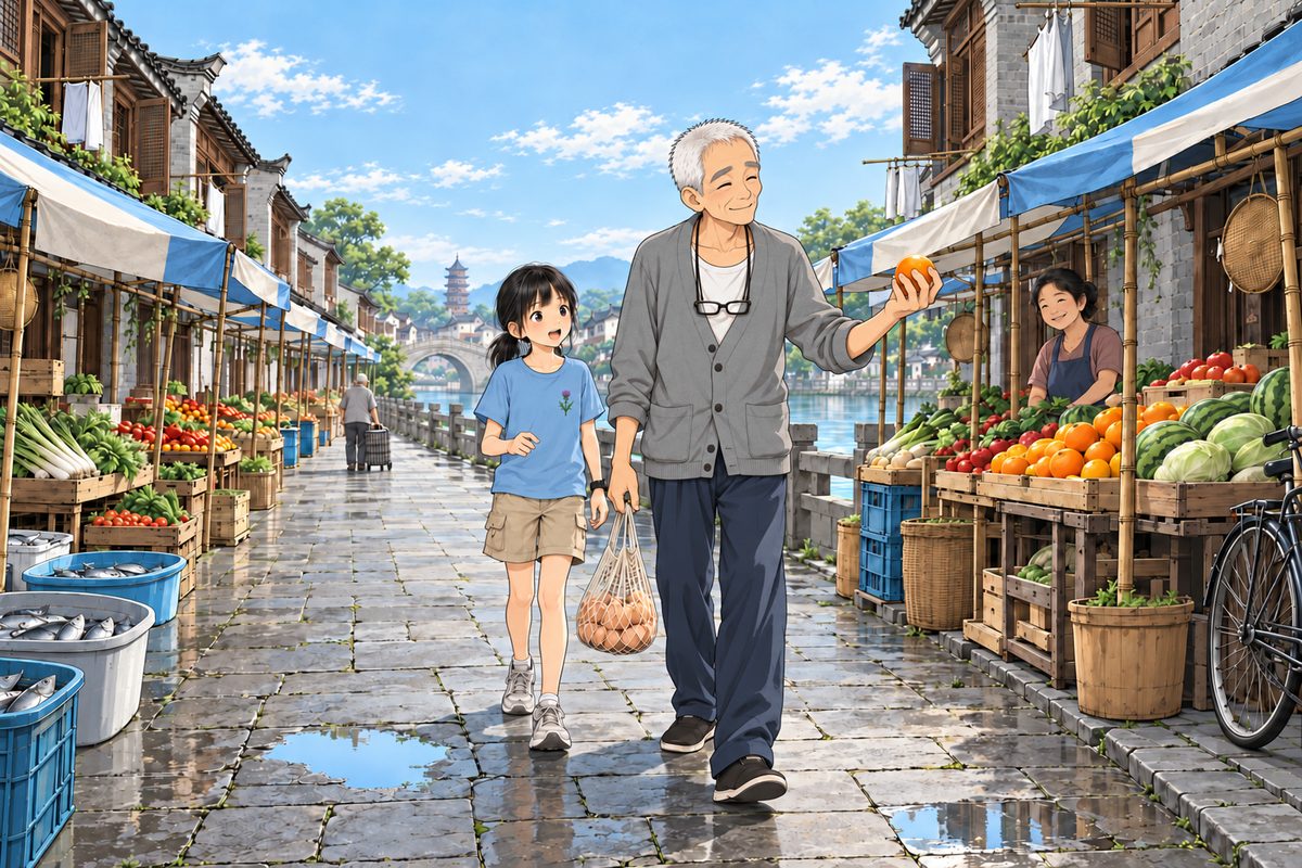 A narrow morning market street: vegetable crates and fish in tubs under cloth awnings, two puddles, one bicycle leaning on a wall. Grandpa walks easily down the middle with a string bag of eggs held by its handles in one hand; he steps round a puddle and, without breaking stride, catches a falling orange from the fruit stall with his free hand. The orange in his hand is the focal point. Xiaoyu follows a step behind, amazed, mouth open; she reaches his chest. Extras: 1. a stall-keeper woman in an apron behind the fruit stall, mid-ground; 2. an old man with a shopping trolley far down the street, small. No other people, NOT a crowd. The strip of sky above the awnings is the quiet area. Signs and awnings carry no writing.
