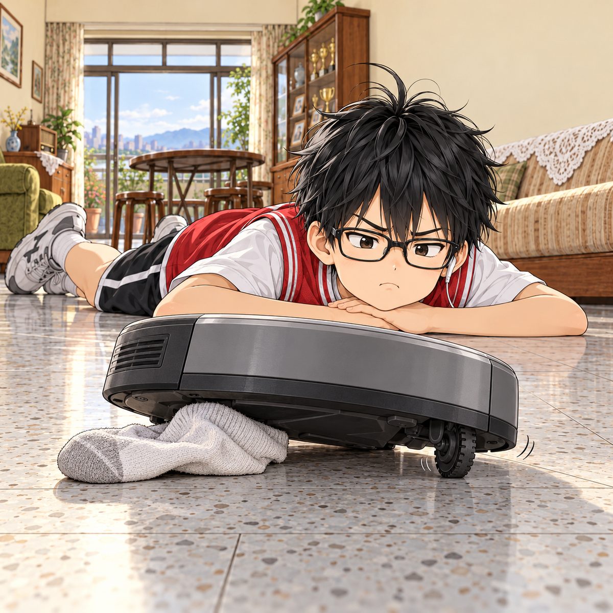 Later that morning, back at Grandpa's flat after the market. In Grandpa's living room, Haoran's robot vacuum, a flat round grey disc with a bumper and no face, no eyes, is STUCK: it has climbed half onto a crumpled white sock at the edge of the sofa, its front tipped up, one side wheel lifted off the tiles and spinning in the air (small motion lines round that wheel). The robot and the sock are the clearest thing, in the CENTRE of the picture, whole and uncut, the sock clearly a sock (heel and toe), lying UNDER the robot, NOT in Haoran's hand. Haoran lies on his front on the far side of it, chin on his hands, glaring at the robot, cheeks puffed, NOT touching it. His one earbud is in his LEFT ear (on the viewer's right as he faces us), the other ear bare. The sofa's front edge shows only as a thin strip at the top; the wall above it is the quiet area.