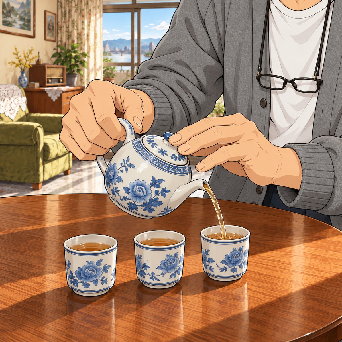 Morning (the same time as the panel before). Grandpa's old hands: one holds the small blue-and-white teapot (the one from his kitchen tea tray) by its handle, the other steadies the lid, pouring a thin unbroken stream exactly into the third of three small blue-and-white cups on the round folding table. Exactly three cups, NOT more. Not one drop spilt. His face is out of frame above. Plain tabletop and soft shadow around the cups.