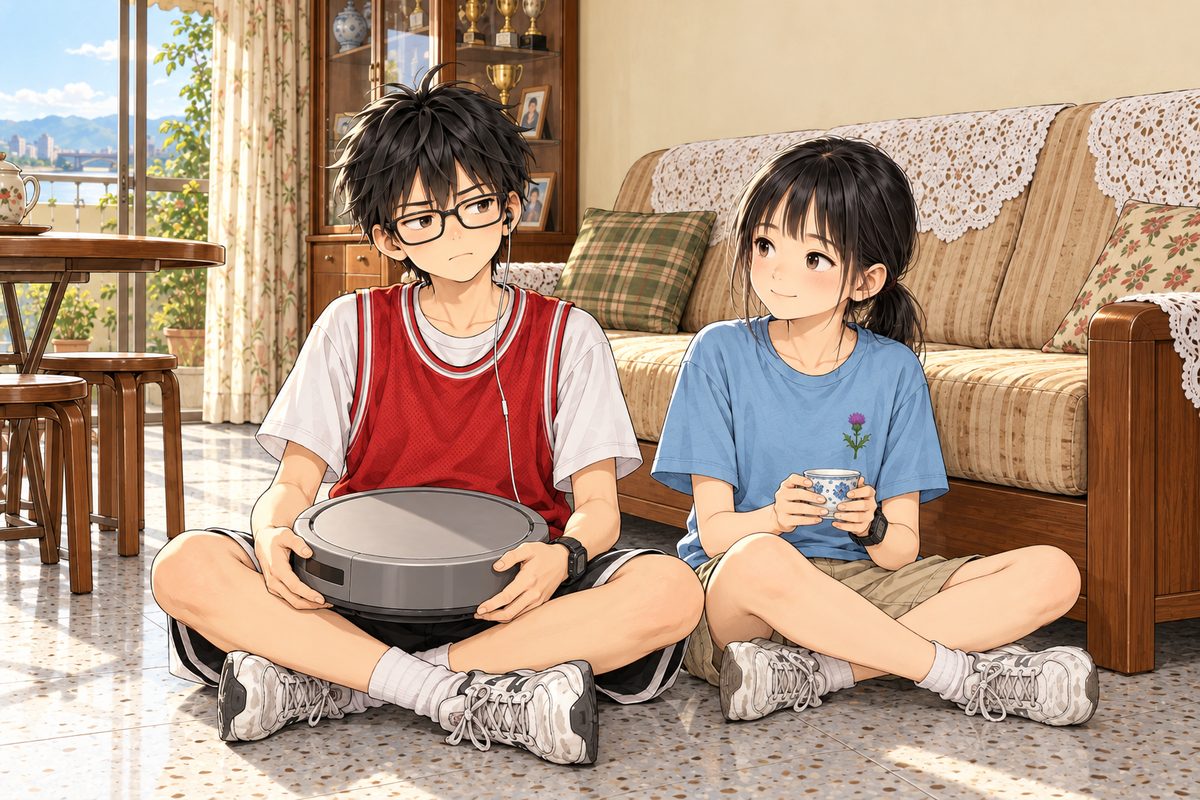 Morning (the same time as the panel before). Haoran (left) sits on the floor holding the freed robot vacuum on his lap, a plain grey disc with no face; his face is grudging, admitting defeat. Xiaoyu (right) sits beside him holding a small blue-and-white tea cup in both hands, amused, a gentle smile. Sitting, his head is half a head higher than hers. The sofa back and the wall above are the quiet area.