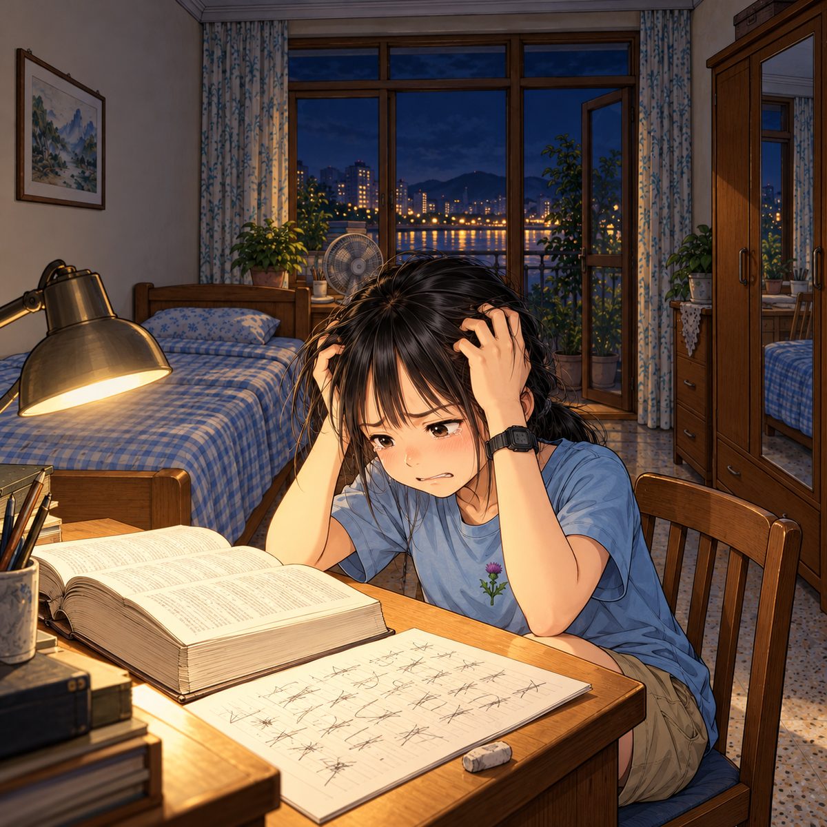 Night. Xiaoyu at the small desk in the narrow spare room with a fat dictionary open, a page of crossed-out characters drawn as scribble lines only, NOT readable, and an eraser worn to a stub. She pulls at her hair with both hands, frustrated, near tears. The desk lamp lights the page and her face; the dark window and wall behind are the quiet area.