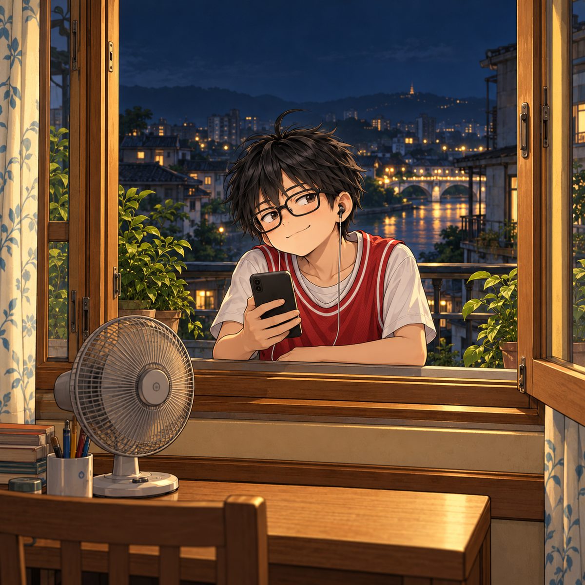 Night. We are inside Xiaoyu's room. Outside on the shared balcony, Haoran leans his forearms on the windowsill of her open window, head and shoulders in the frame, his own phone (black case) in his hand with its screen towards him; casual, a little teasing. The dark sky over the city lights is the quiet area.