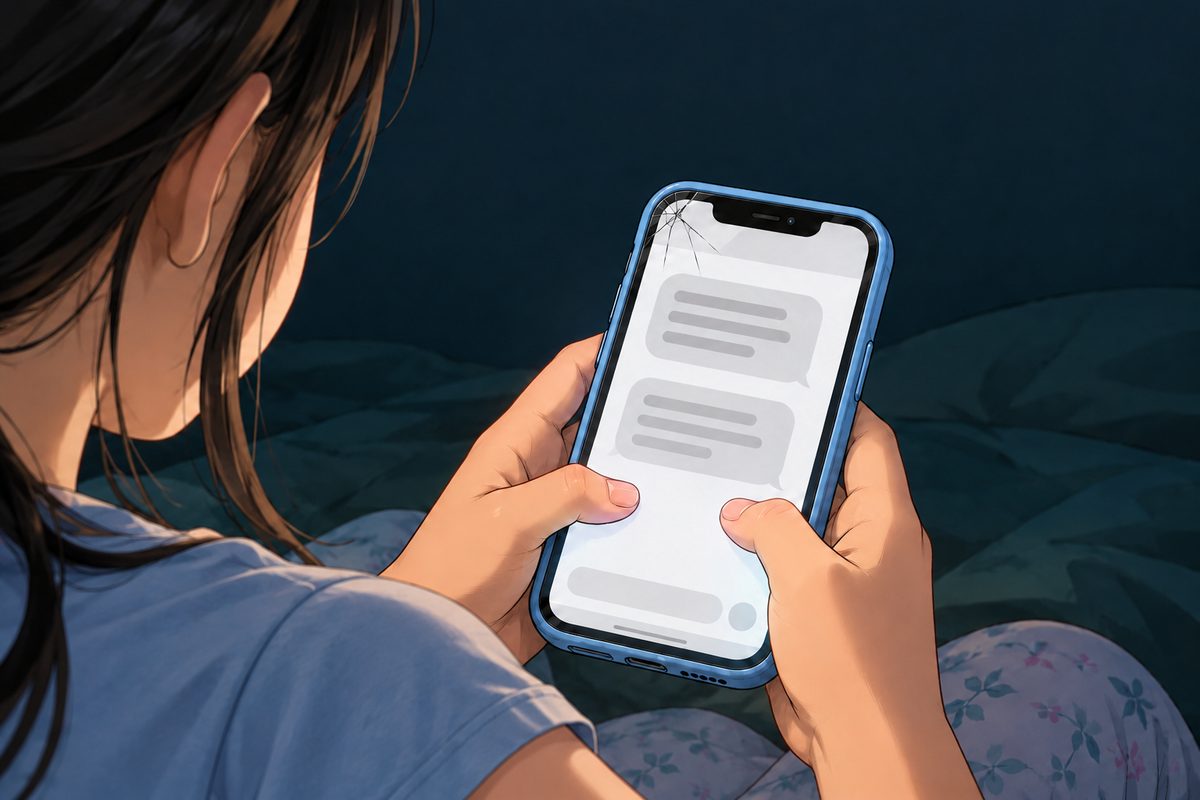 Night, at her desk. Over Xiaoyu's shoulder (her faded sky-blue t-shirt, NOT pyjamas), close on her phone (sky-blue case, cracked corner) in her hand; her thumbs type. The screen shows a plain chat window of an assistant app: two rounded blocks of soft grey lines and a typing bar, no face, no mascot, no readable words. The rest of the panel is dark and quiet.