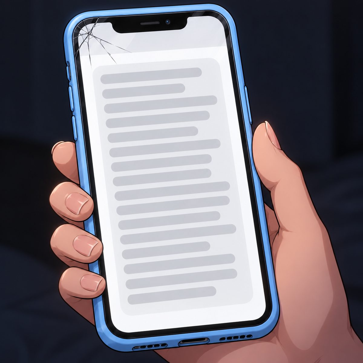 Xiaoyu's phone (sky-blue case at the edges): the screen fills with one neat tall block of soft grey lines, no readable words or characters. The phone edges and dark room around it are quiet.
