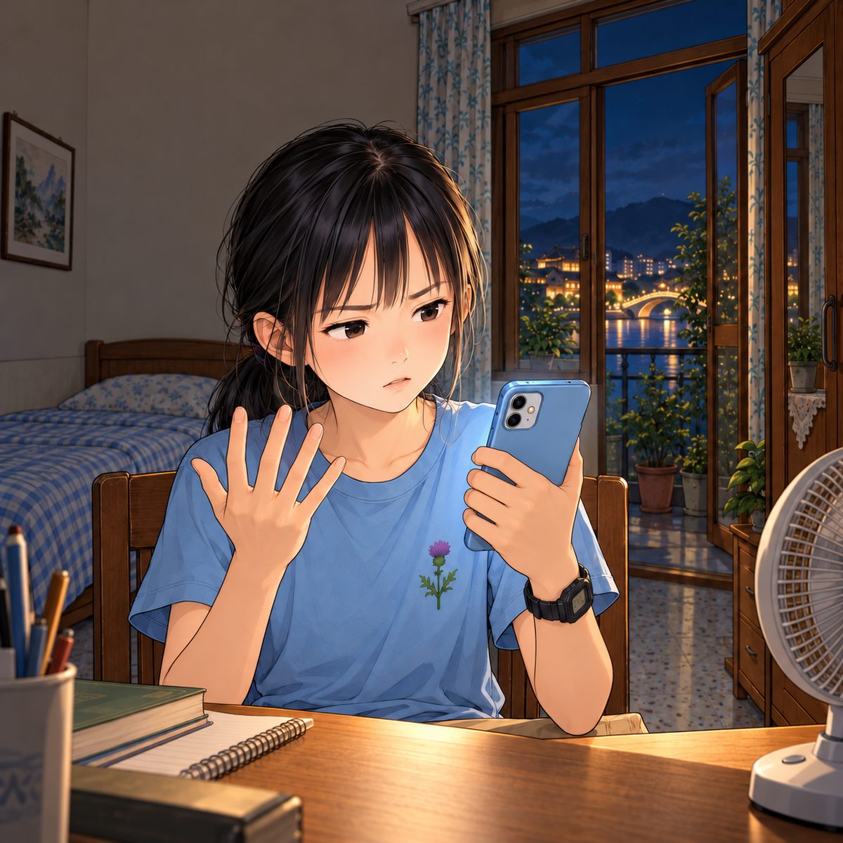 Night (the same time as the panel before). Xiaoyu holds her phone in one hand, screen facing her and its glow on her face, and counts on the fingers of her other hand, the fingers clearly apart: frowning, suspicious, a dawning 