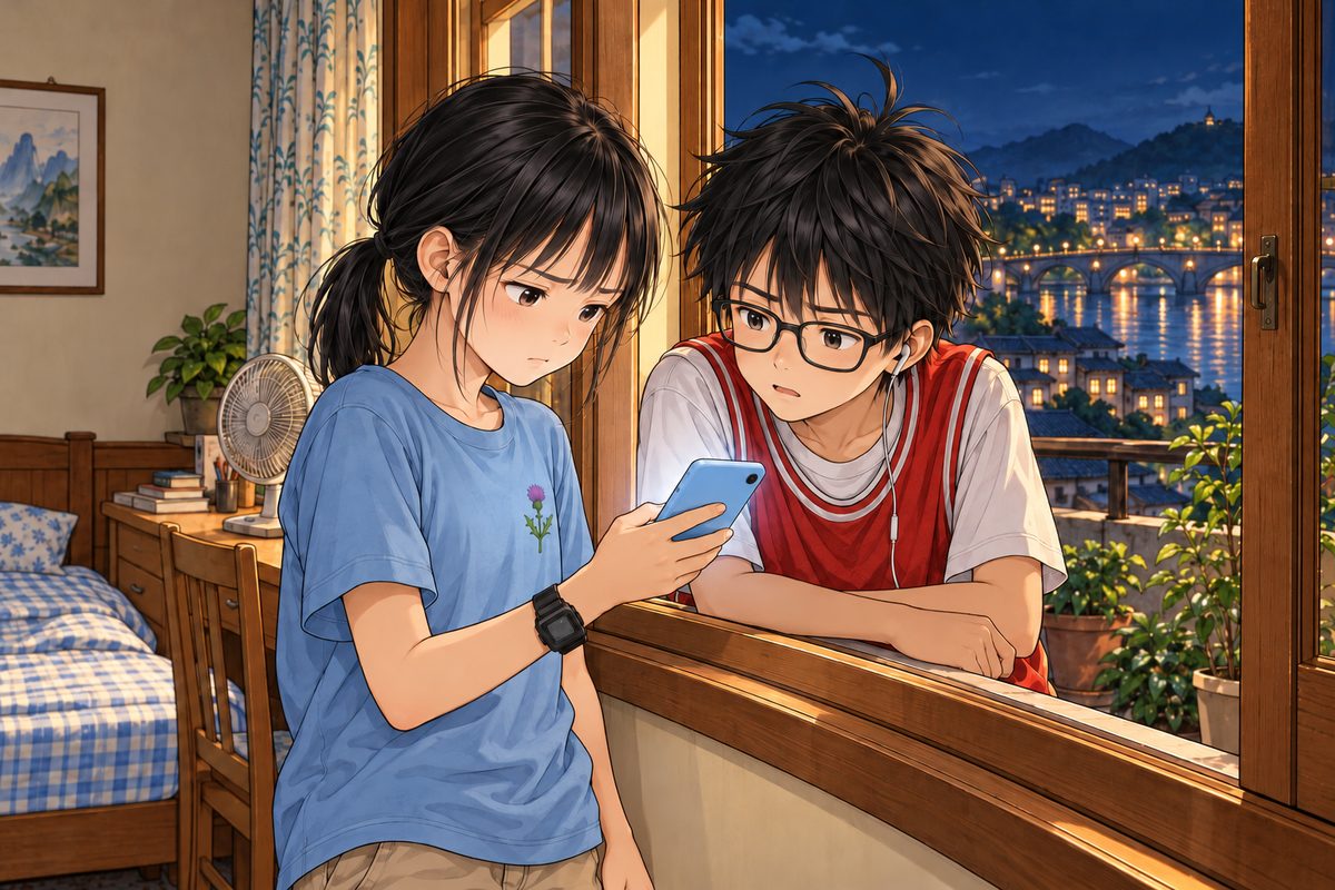 Night. Xiaoyu stands right at the open window, close beside Haoran, seen from the side. She holds her phone the ordinary way anyone holds their own phone to read it: in one hand at chest height, her palm under its back, thumb on one long edge and fingers on the other, screen facing up towards her face; her elbow bent and close to her side. She tips it a little towards him, NOT holding it out at arm's length, NOT turning the screen away from herself. Both of them look down at the screen. Her face is unhappy and disappointed. Haoran, outside on the shared balcony, head and shoulders in the window frame, forearms on the sill, leans in to look at the screen, offhand, with a flicker of unease. The dark sky over the city is the quiet area.