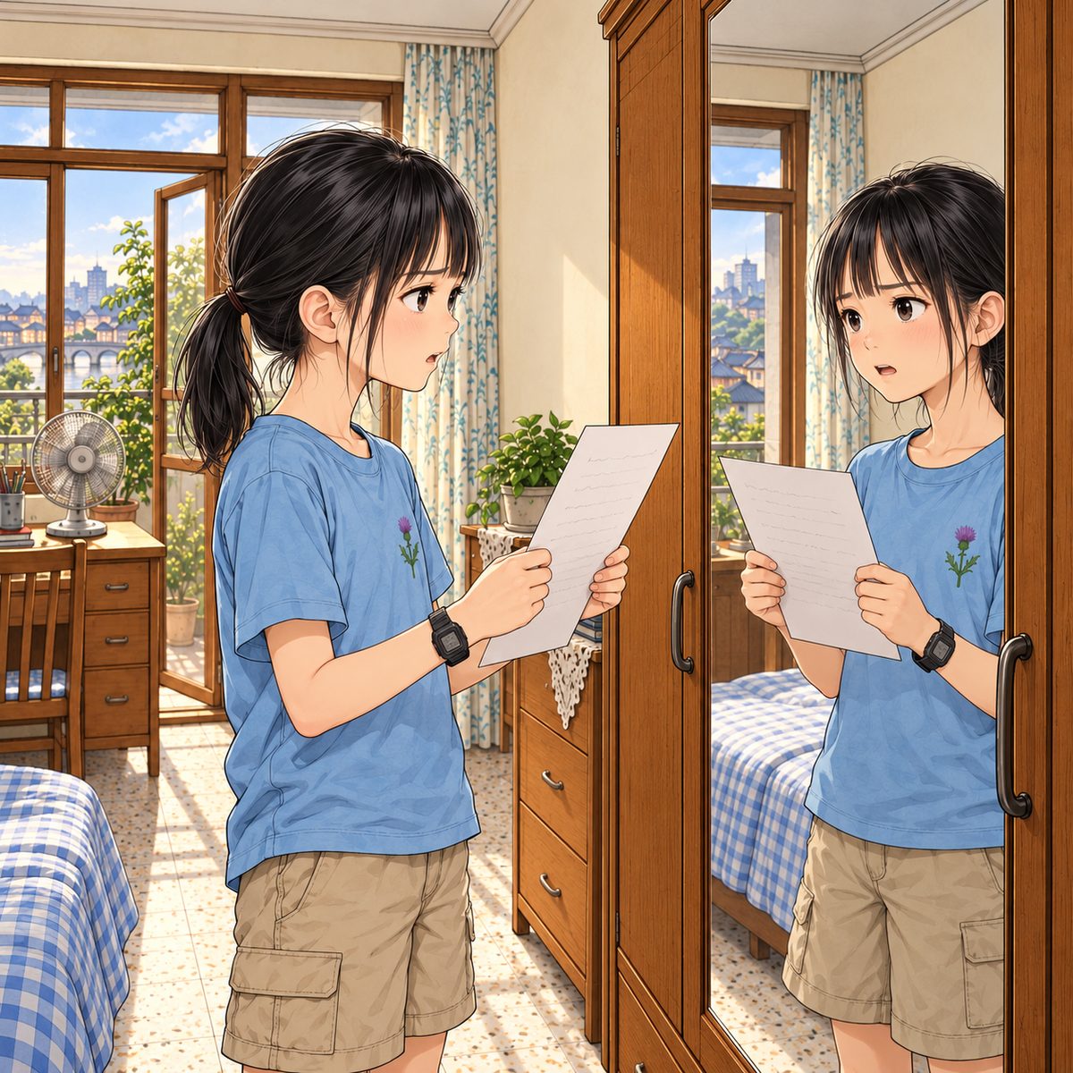 Next day. Xiaoyu stands at the wardrobe mirror holding the toast sheet in both hands; the sheet shows only faint pencil scribble lines, NOT readable. Her mouth carefully shapes the sounds: earnest, careful, a little anxious. Her reflection in the mirror matches her pose, reversed. The plain wall beside the wardrobe is the quiet area.