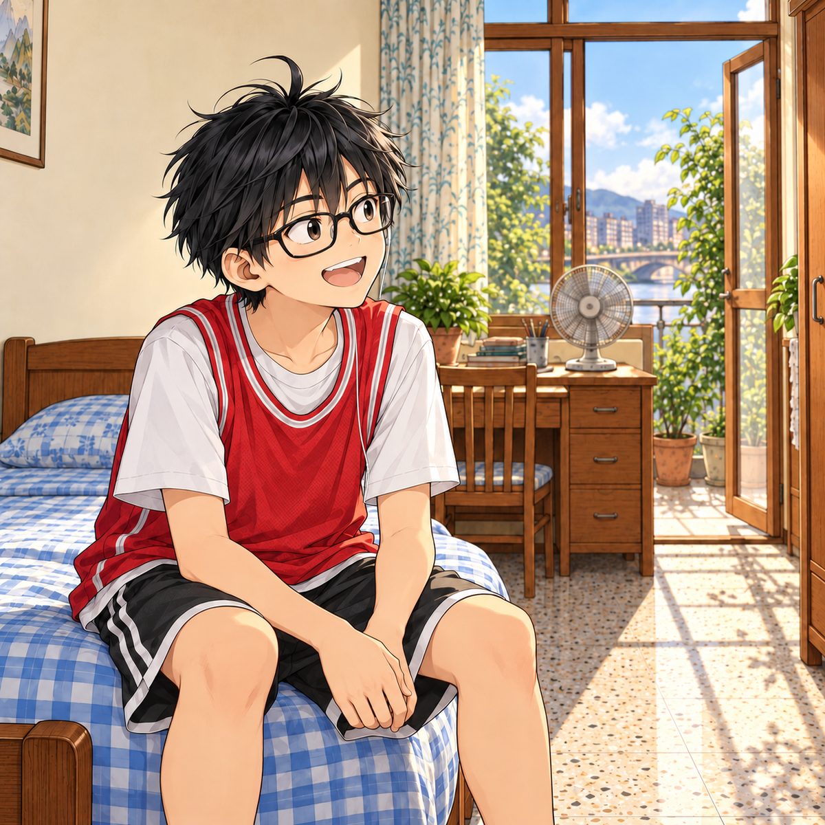Daytime (the same time as the panel before). Haoran sits on the end of Xiaoyu's bed, impressed: eyebrows up, grinning, looking to the RIGHT of the picture, where she stands off panel. The fan and the window onto the balcony behind him are soft and quiet.