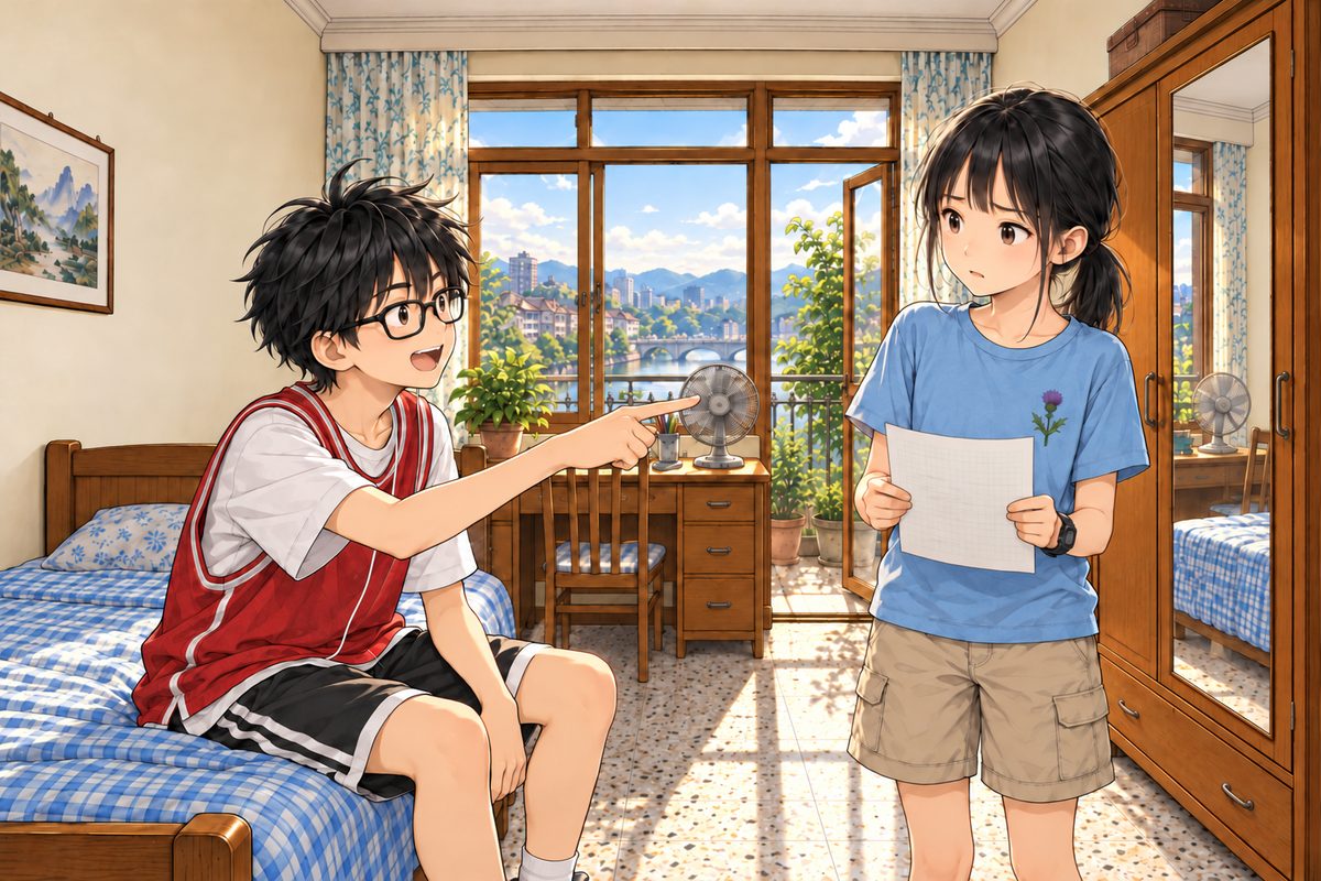 Daytime (the same time as the panel before). Haoran sits up on the bed and points at Xiaoyu as if he has solved a puzzle; the line of his finger ends exactly on her. His face is excited, eureka. Xiaoyu lowers the sheet, confused and a little wary; the sheet faces her, so we see only its plain back with faint marks showing through, NOT readable; standing while he sits, her head is higher than his. The wall above them is the quiet area.