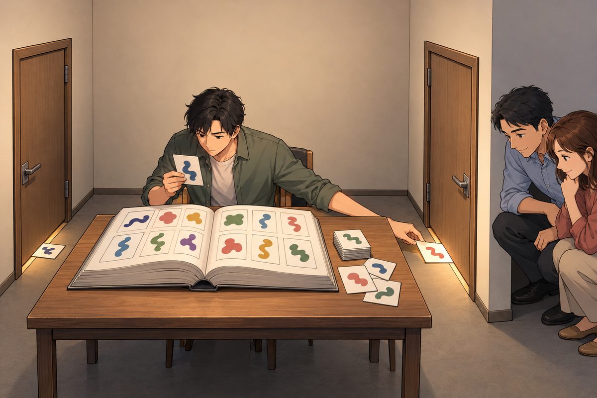 A cutaway of a small closed room with no windows. Inside, a person sits at a desk with a huge rulebook, matching squiggly cards to cards in the book. A card slides in under the door on one side; the person slides an answer card out under the door on the other side, and that answer card is the clearest thing. Outside, two people read the answer card and nod, satisfied. The squiggles are plain shapes, NOT real writing. The blank wall above the room is the quiet area.