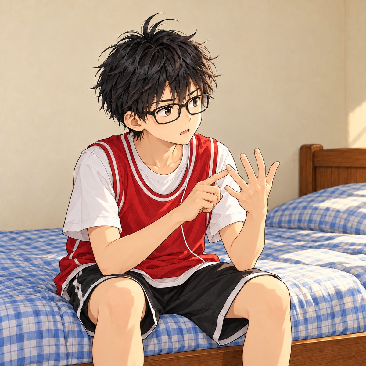 Haoran, still on the end of the bed, counts the points on his fingers, serious now, the grin gone, looking to the RIGHT towards Xiaoyu off panel. Plain wall behind him.