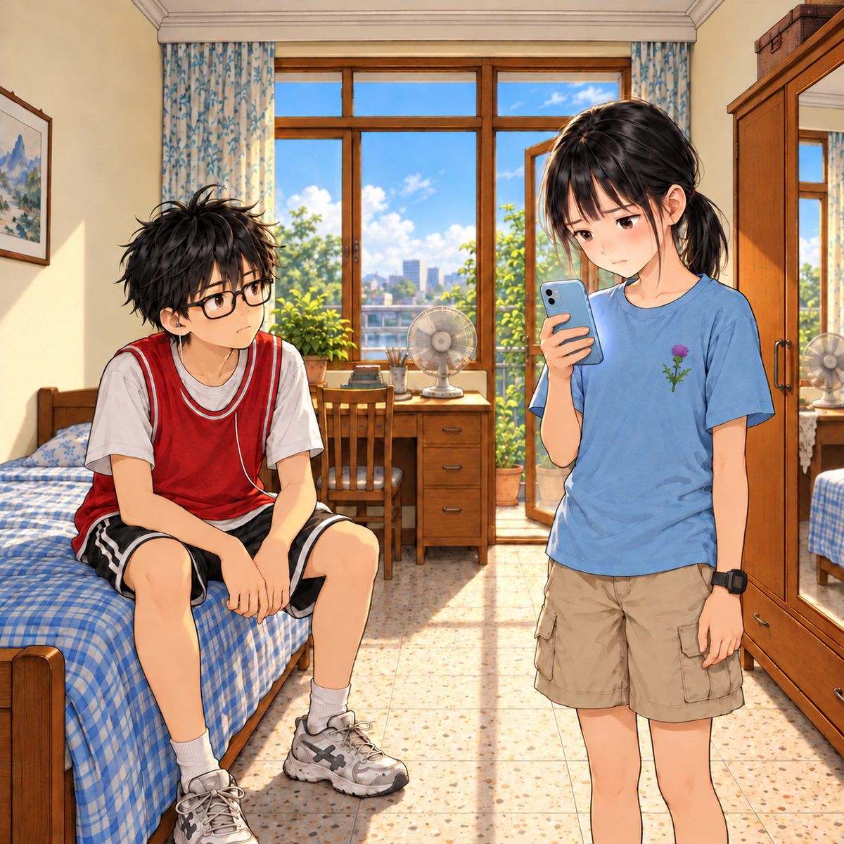 Daytime, the same afternoon as 10.2 to 11.2, daylight in the window. Xiaoyu looks down at the phone in her hand, its screen facing her; she is troubled, thoughtful. Haoran opens his mouth to answer, then closes it, unsure, caught out. The plain wall above them is the quiet area.