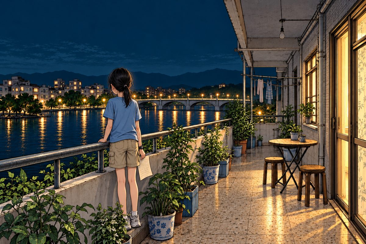 Night. Xiaoyu stands alone at the rail on the left, seen from behind, her face NOT visible, shoulders a little slumped, the toast sheet hanging from one hand; ahead of her the dark river and the city lights. At the right edge, the flat's window glows warm, nobody in it. The bare bulb is off, no glow. The dark sky is the quiet area.