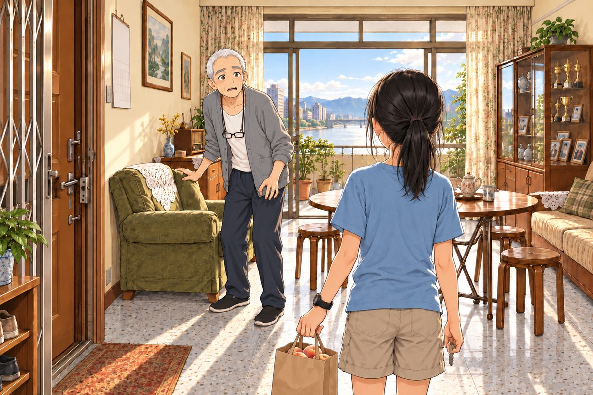 Afternoon. Xiaoyu has let herself in with a key, a brown paper bag of peaches in her other hand; we see her back. Across the living room Grandpa rises from his armchair by the radio, gripping the back of the chair, staring at her as at a stranger: alarmed, frightened, defensive. Standing, she would reach his chest. Glasses on the cord at his chest. The glass cabinet and plain wall behind him are the quiet area. Only these two.