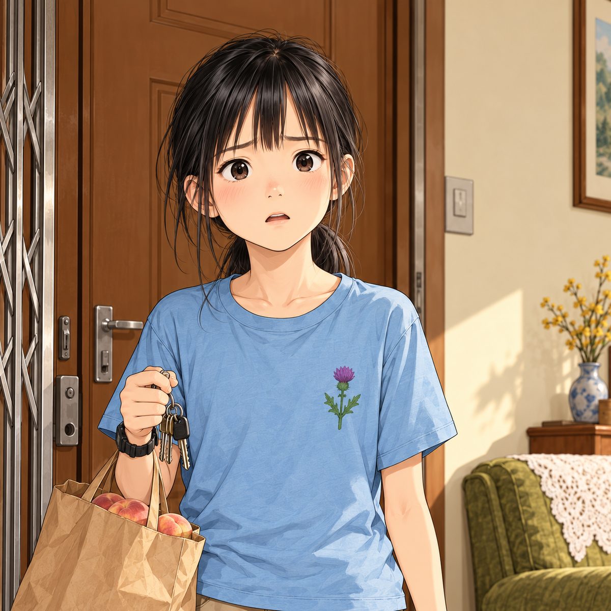 Afternoon (the same time as the panel before). Xiaoyu frozen in the doorway, keys still in her hand, a brown paper bag of peaches on her wrist, mouth open, no words coming: shock and hurt. The front door behind her is plain and quiet.