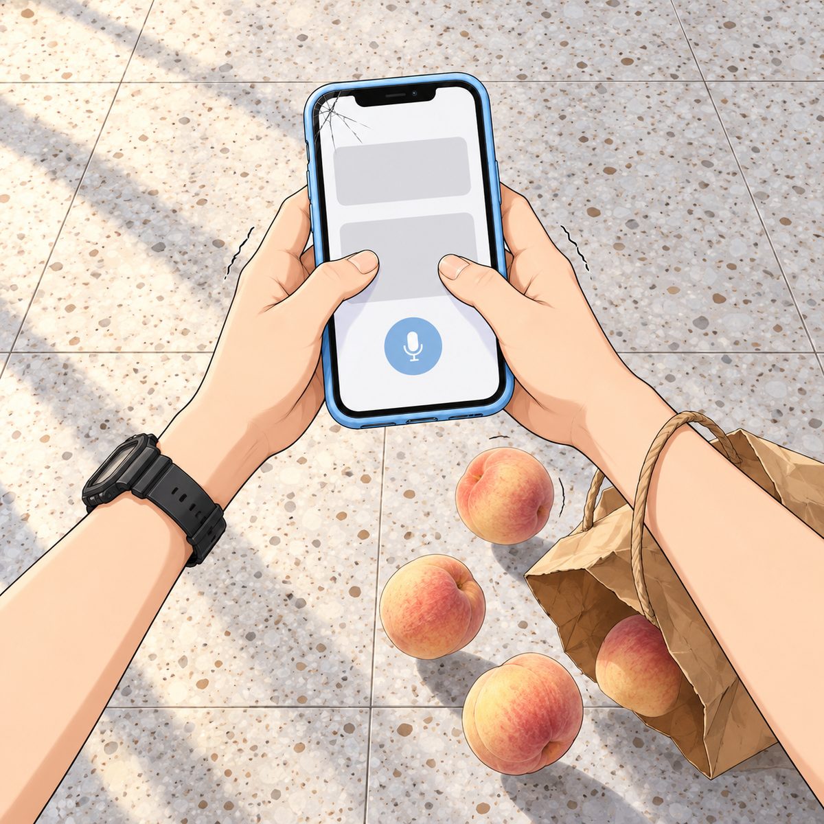 Afternoon (the same time as the panel before). Xiaoyu's hands shake as she fumbles her phone out to open the translation app, the screen facing her and away from us; the brown paper bag slips from her wrist and three peaches tumble to the floor. Only her hands and the falling peaches; the floor is plain and quiet.